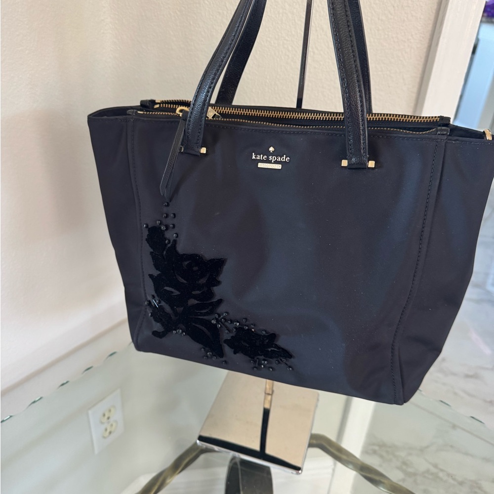 KATE SPADE NY Dawn Place Black Embellished Nylon Tote with Leather Trim NWOT